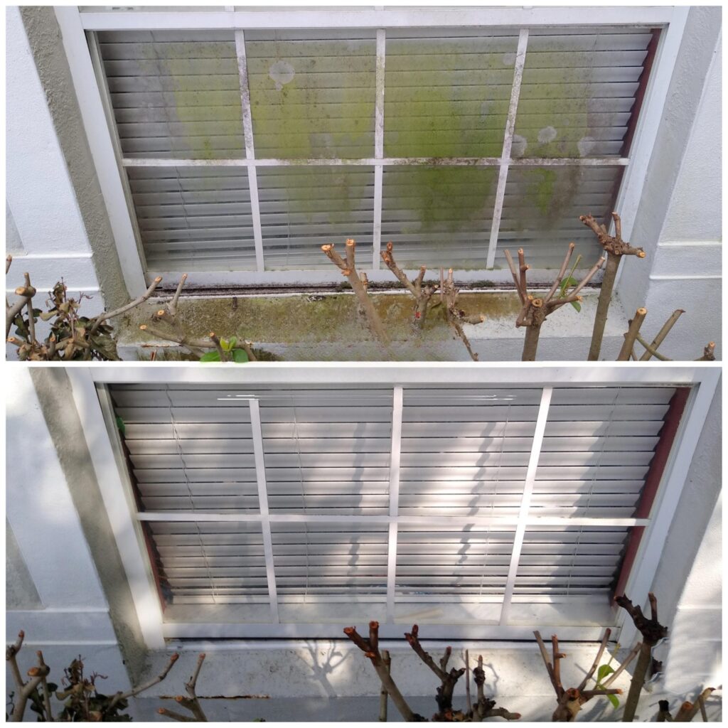 Before and after comparison of a louvered window cleaned by Bellamy's Pro Wash.