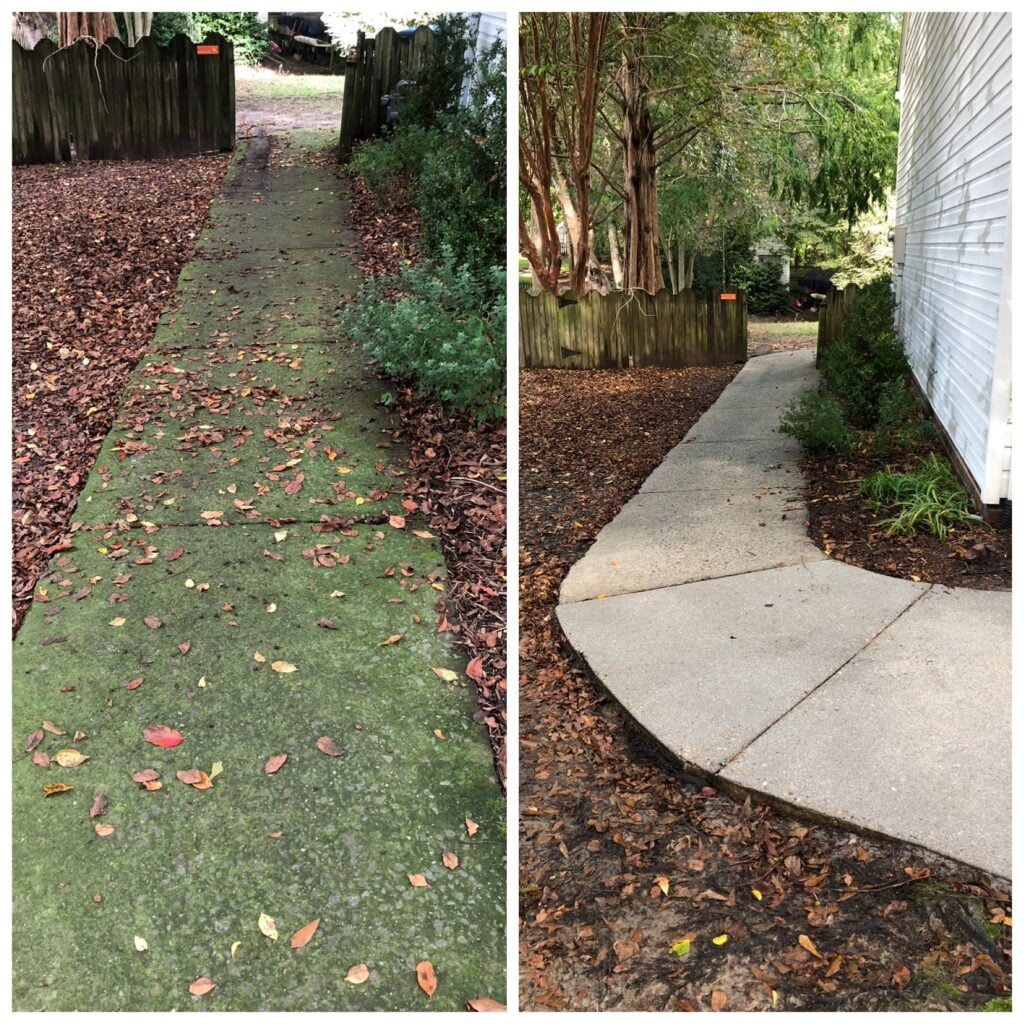 Side-by-side images of a long concrete sidewalk before and after cleaning by Bellamy's Pro Wash, showcasing a dramatic transformation from a moss-covered surface to clean and refreshed concrete.