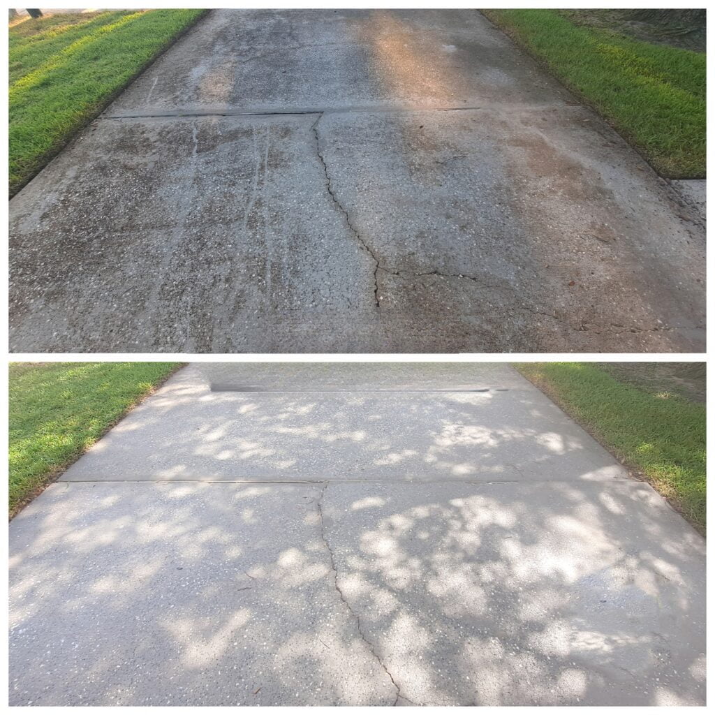 A composite image showing the before and after results on a concrete driveway cleaned by Bellamy's Pro Wash, transitioning from stained and dirty to clean and renewed.