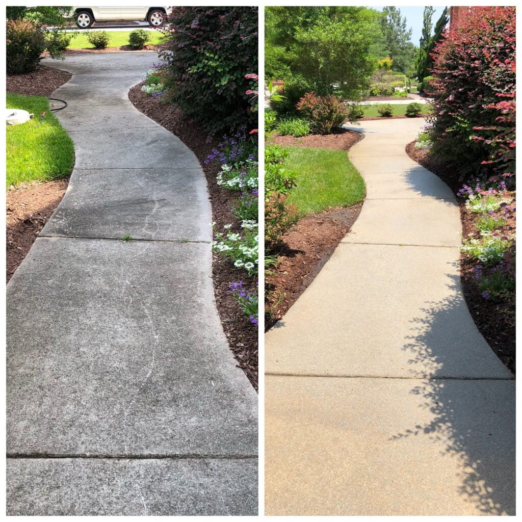 Before and after cleaning of a long concrete sidewalk by Bellamy's Pro Wash, showing significant improvement.