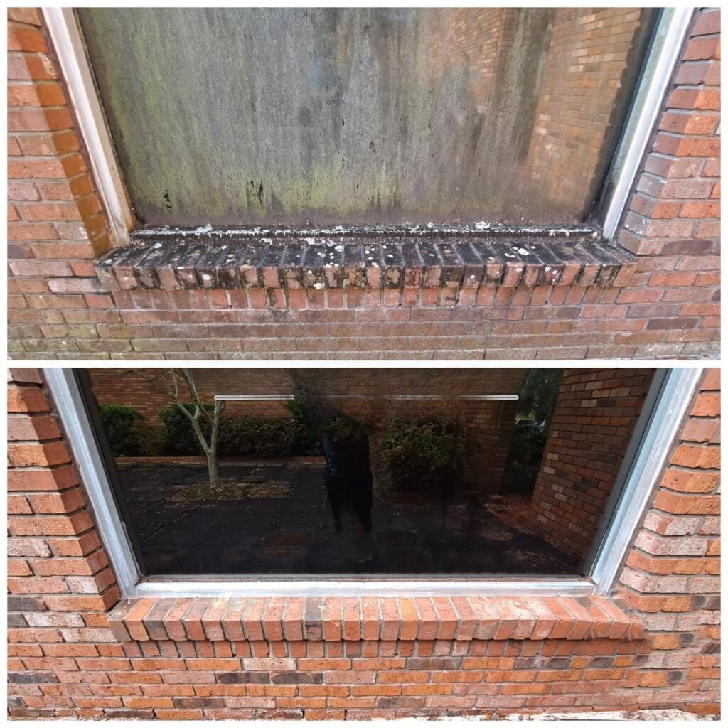 Before and after views of a window cleaning service by Bellamy's Pro Wash.