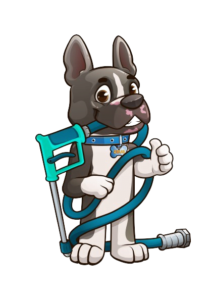 Cartoon mascot of Bellamy's Pro Wash, a cheerful dog with a cleaning tool, symbolizing friendly and reliable cleaning services.