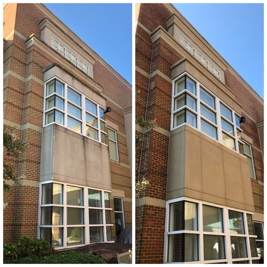 Before and after photos showing commercial building pressure washing in Brunswick County