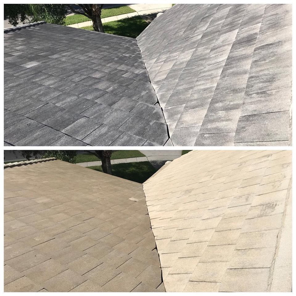 Before and after views of a flat concrete tile roof cleaned by Bellamy's Pro Wash