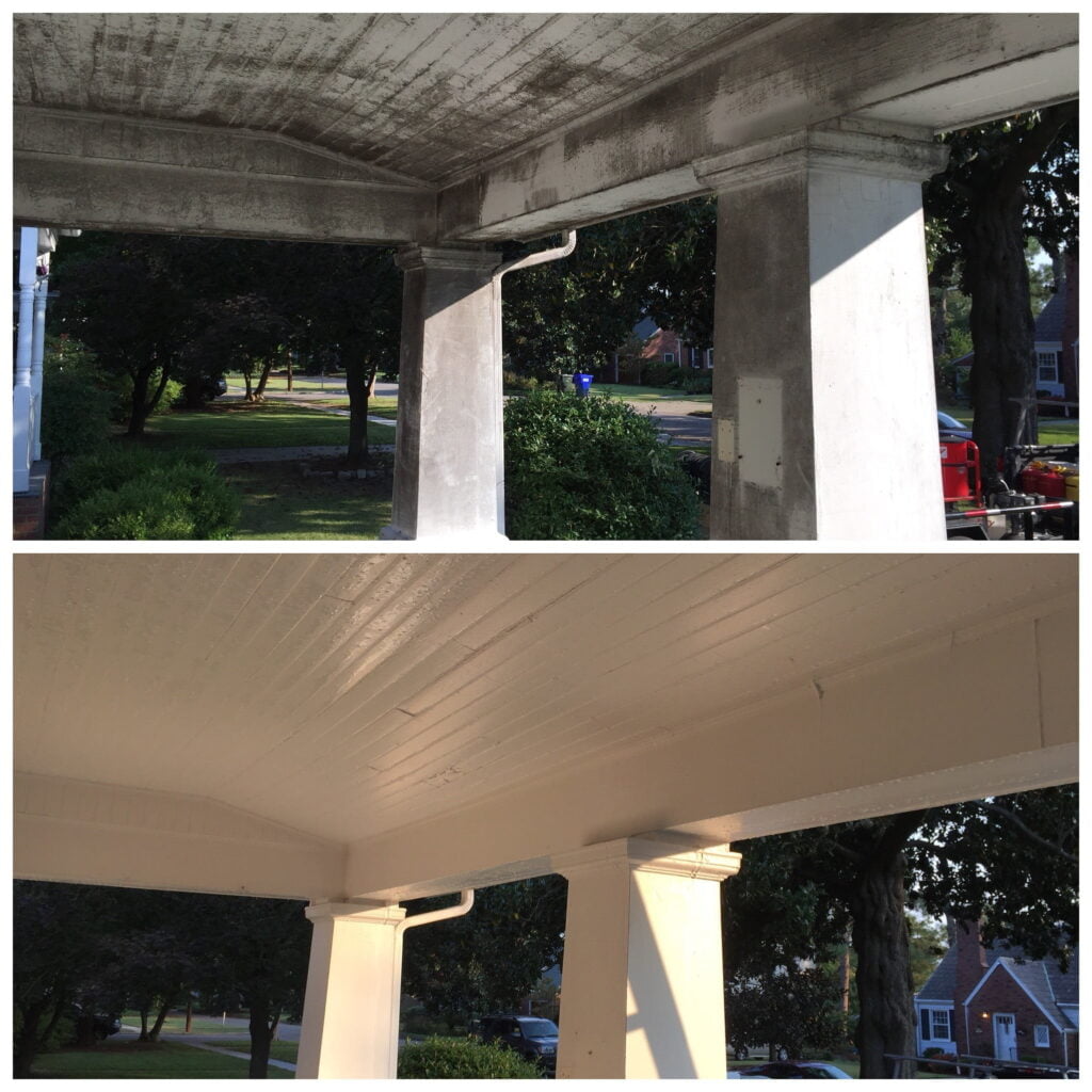 Before and after results of our house washing service on a front porch in Brunswick County