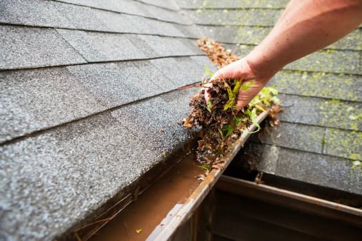 Hand removing debris from a gutter, showcasing active cleaning.
