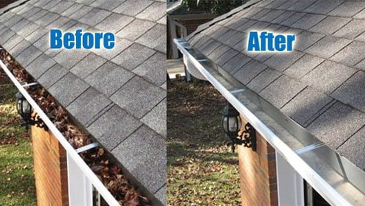 Before and after views of a gutter cleaned by Bellamy's Pro Wash.