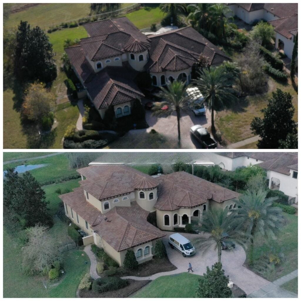 Before and after cleaning of a large Mediterranean tile roof by Bellamy's Pro Wash, showing significant removal of moss and dirt.