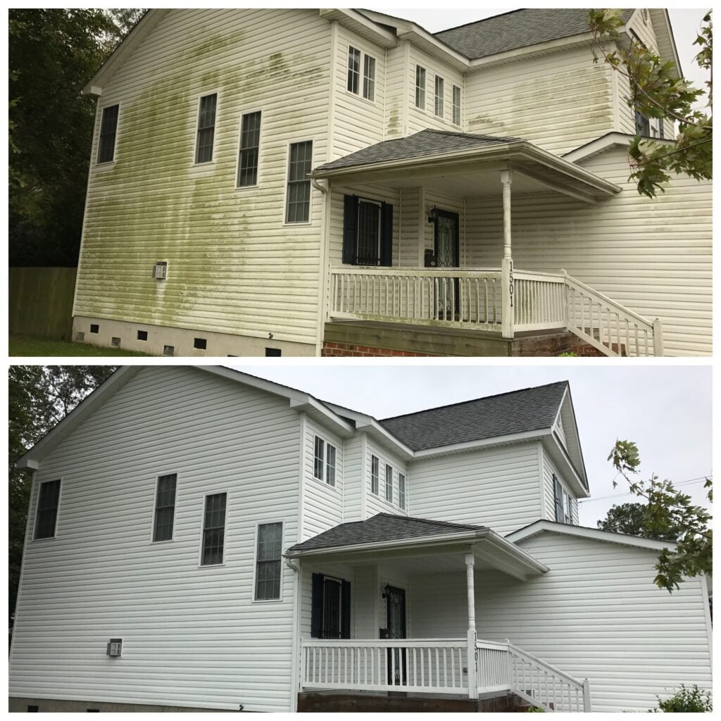 Before and after photos of a white vinyl house cleaned to remove mildew, showing dramatic improvement.